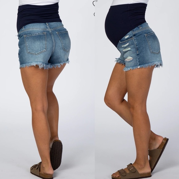 Pinkblush Medium Wash Distressed Rainbow Thread Full Panel Maternity Jean Shorts - Picture 2 of 9